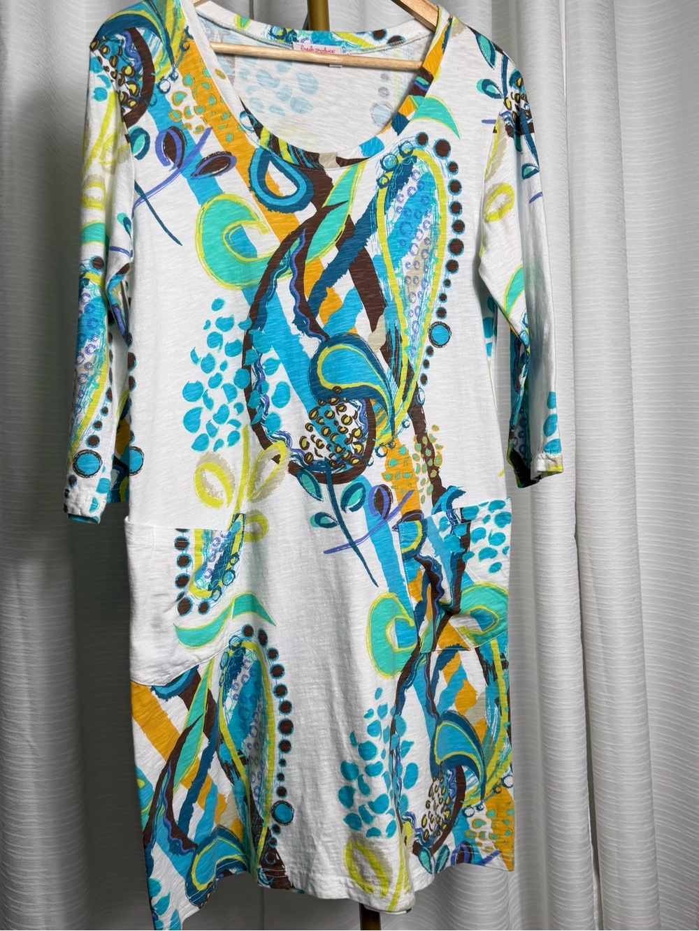 fresh produce White Midi Dress with Turquoise, Yellow & Brown Abstract Print